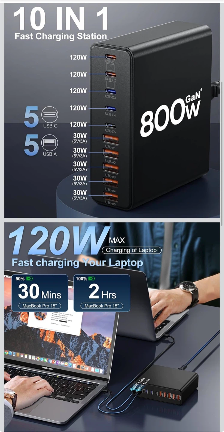800W 10-Port GaN3 Fast Charging Station - photo 2