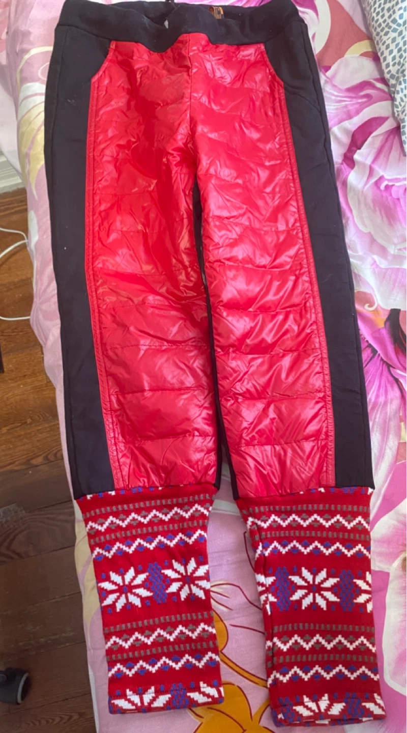 Quilted Red and Black Ski Pants with Snowflake Cuffs
