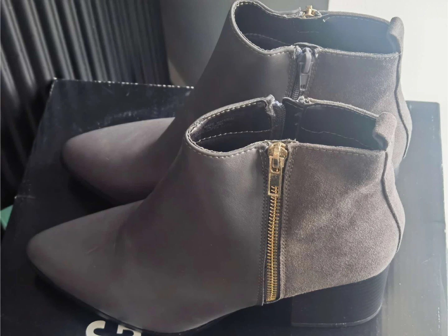 Grey Suede Ankle Boots with Gold Zippers size 7.5
