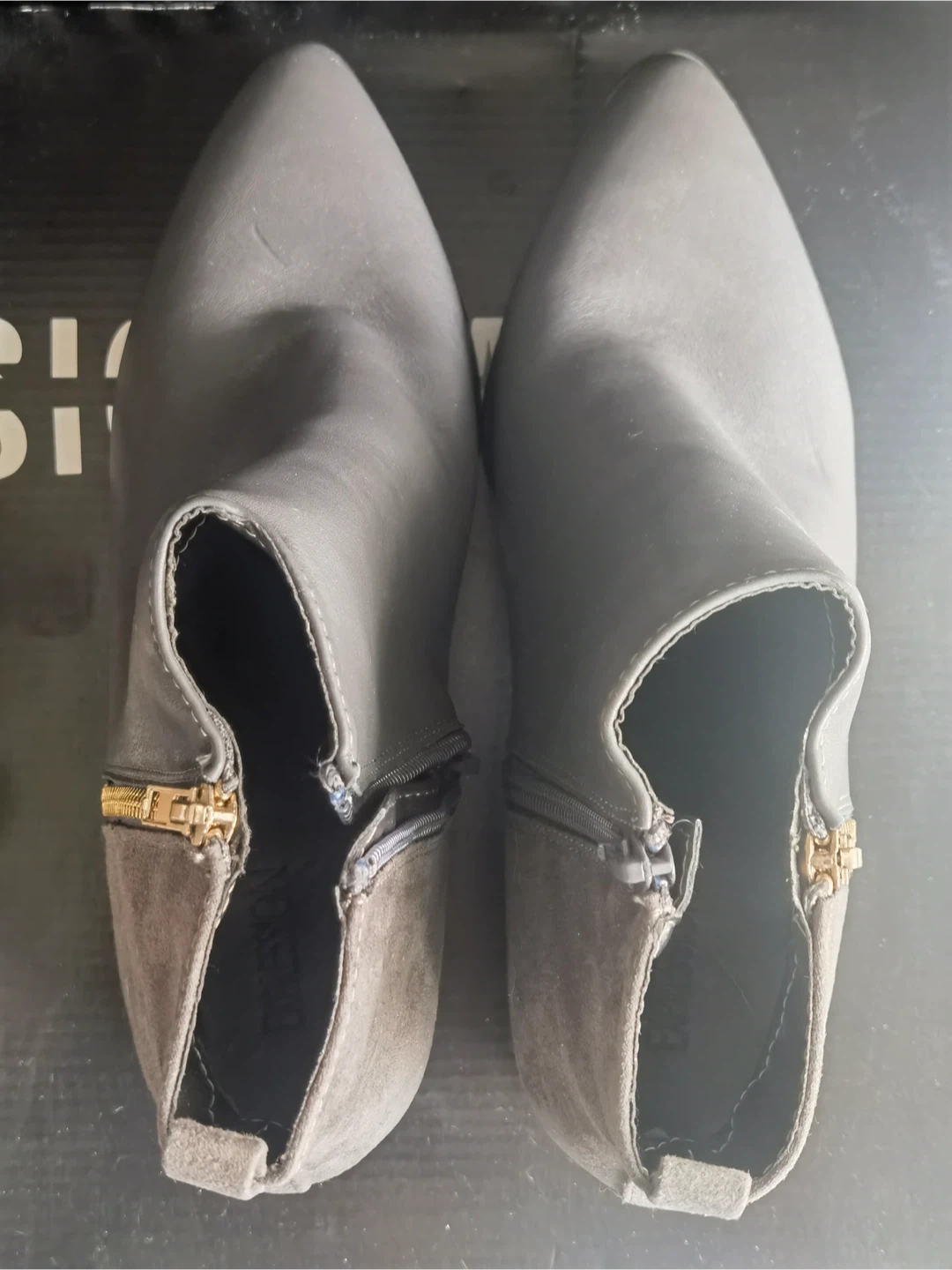 Grey Suede Ankle Boots with Gold Zippers size 7.5 - photo 3