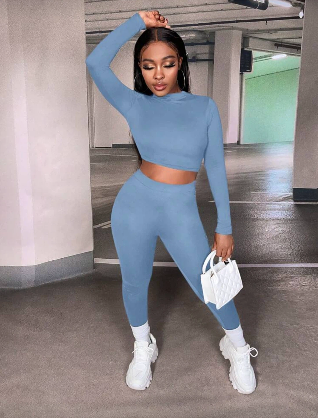 Blue Long Sleeve Crop Top and Leggings Set