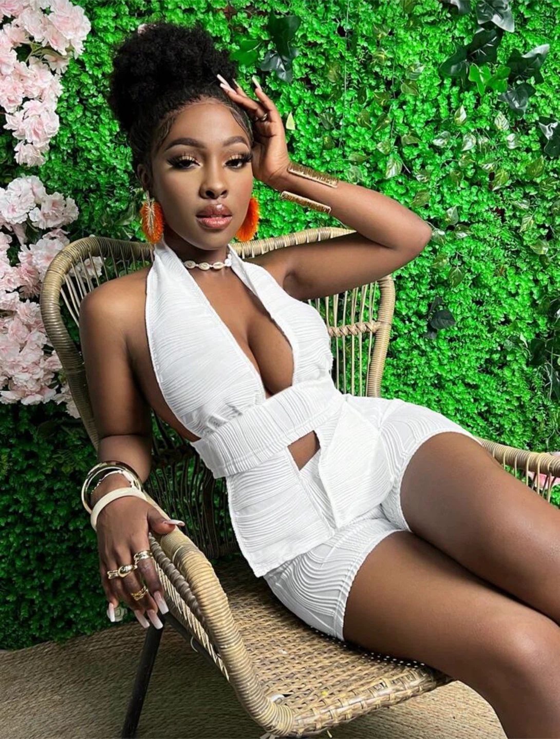 White Textured Halter Neck Top and Shorts Set