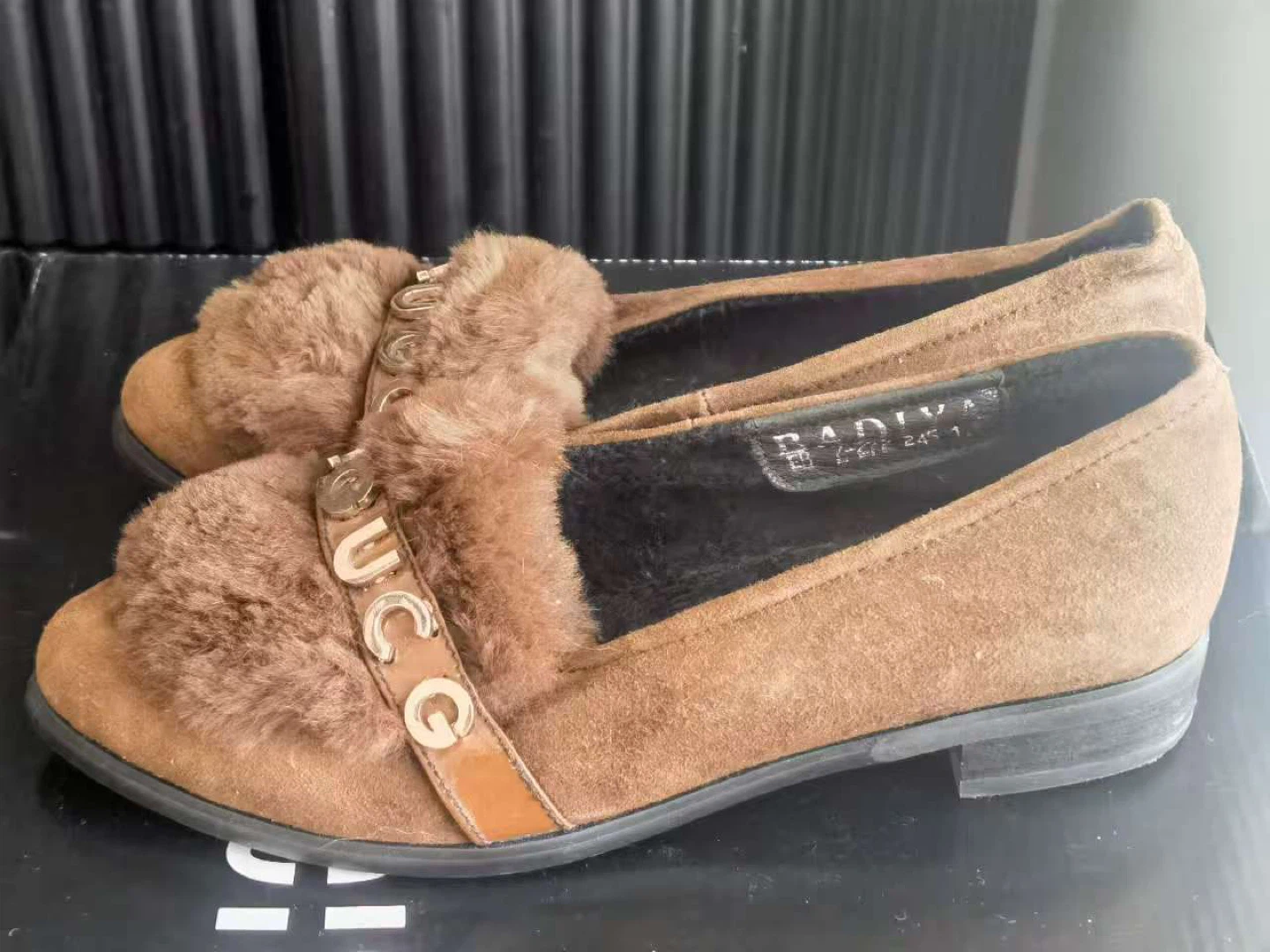 Brown Suede Loafers with Fur Trim US 7.5