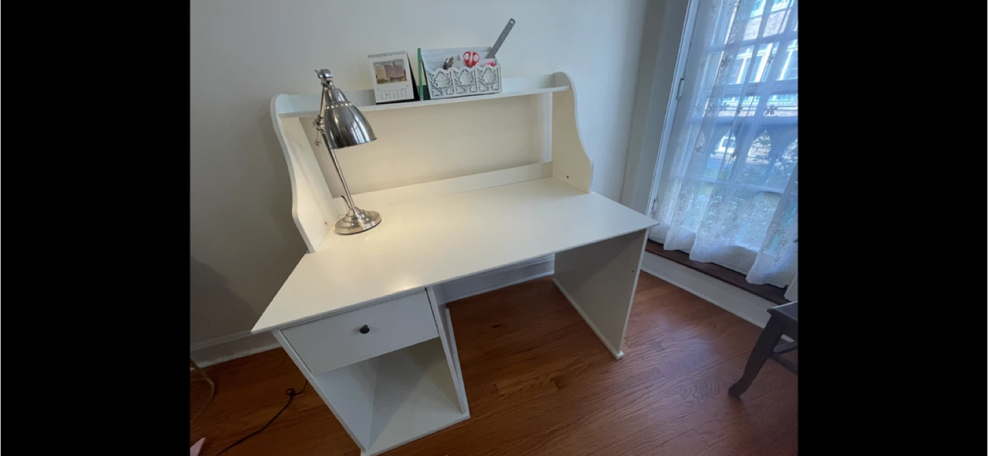 Big, beautiful white desk with shelf for books etc.