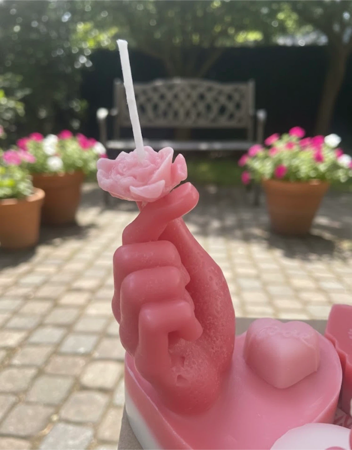 Mini Pink Hand Shaped Candle with Rose and Heart