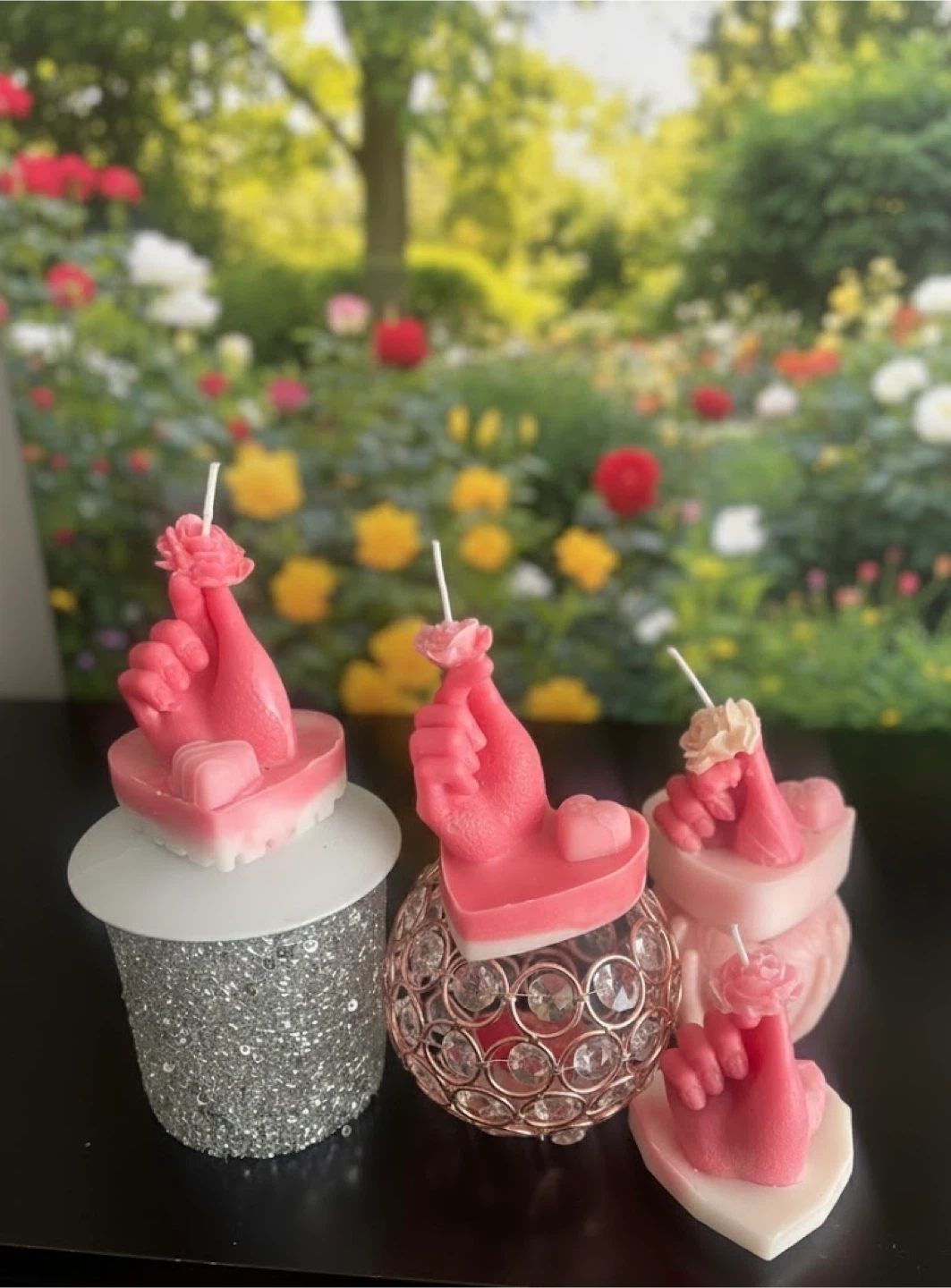 Mini Pink Hand Shaped Candle with Rose and Heart - photo 2