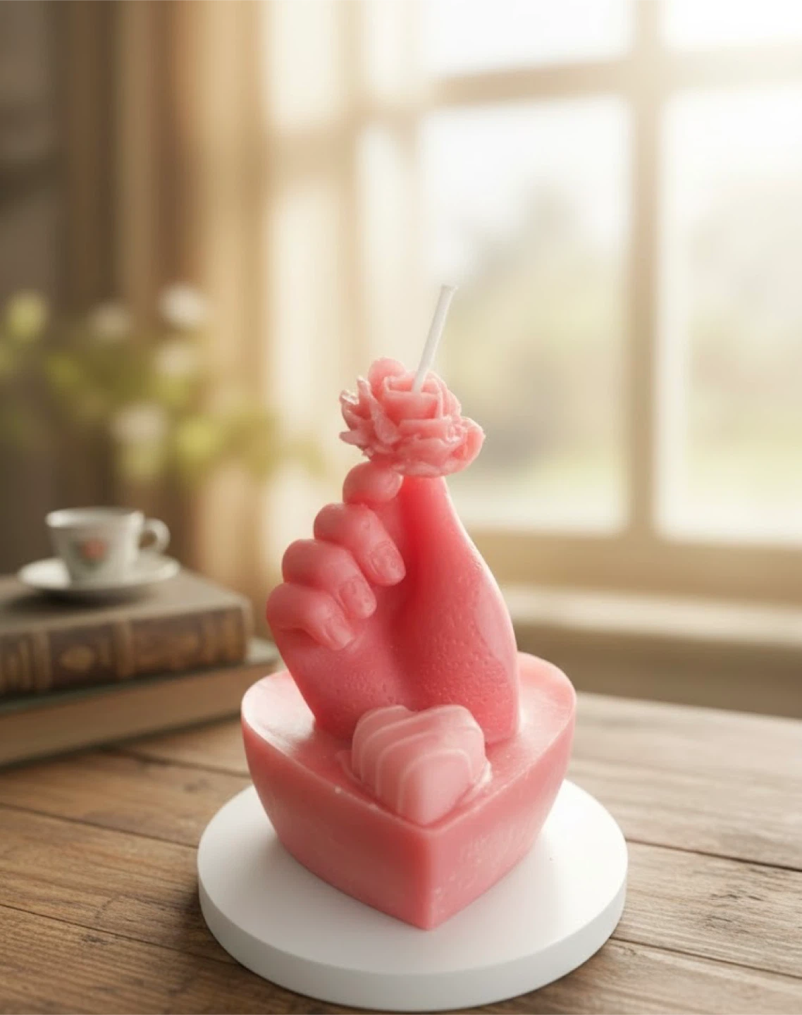 Mini Pink Hand Shaped Candle with Rose and Heart - photo 3