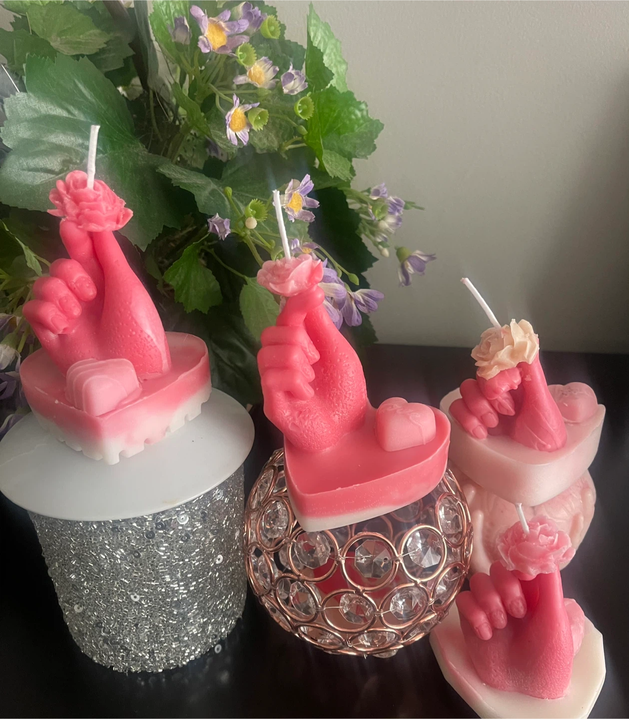 Mini Pink Hand Shaped Candle with Rose and Heart - photo 4