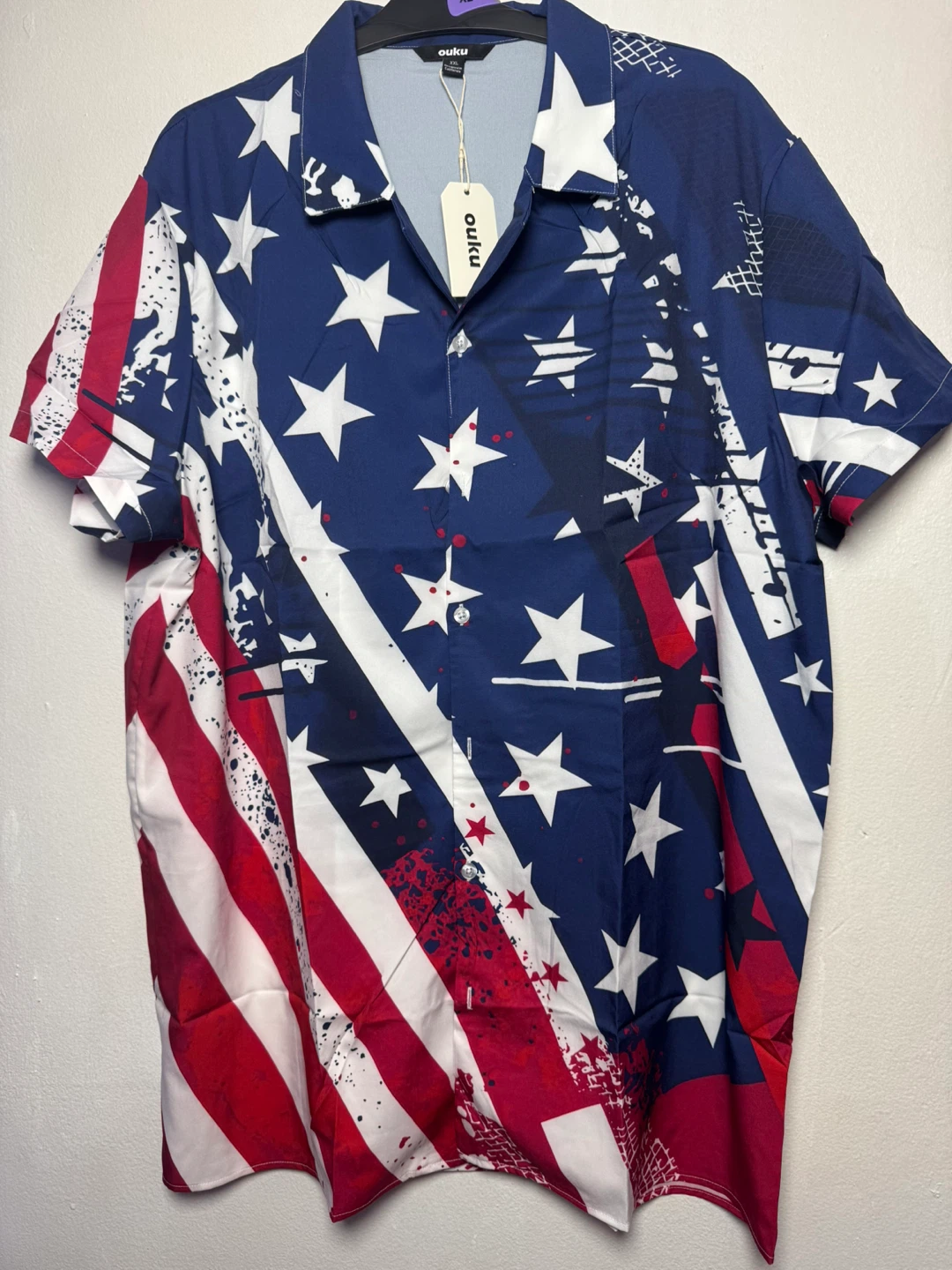 Ouku Men's USA Flag Print Short Sleeve Button-Up Shirt XXL