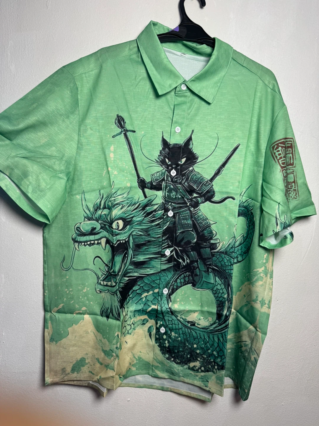 Green 3XL Samurai Cat Dragon Print Button-Up Shirt