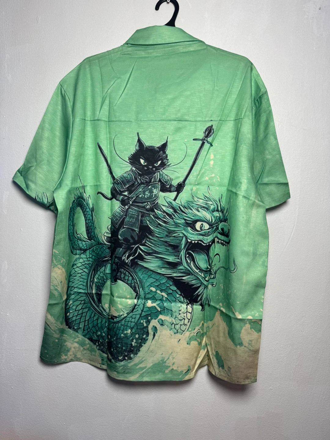Green 3XL Samurai Cat Dragon Print Button-Up Shirt - photo 2