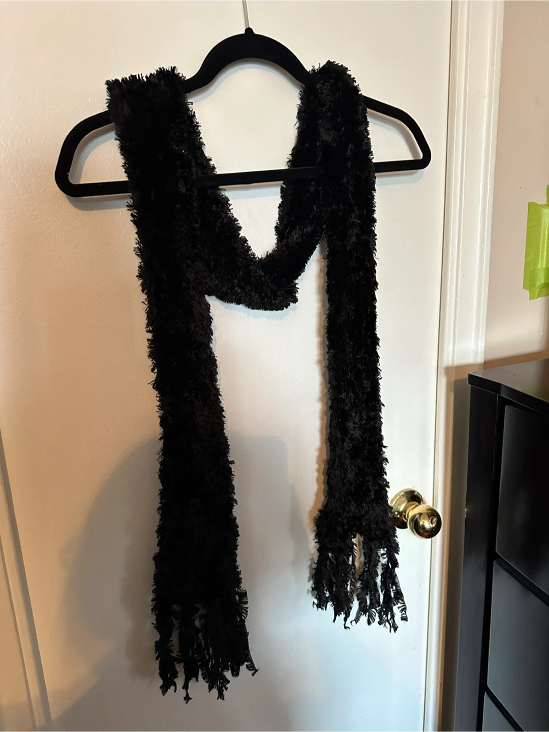 Black fuzzy scarf with fringe