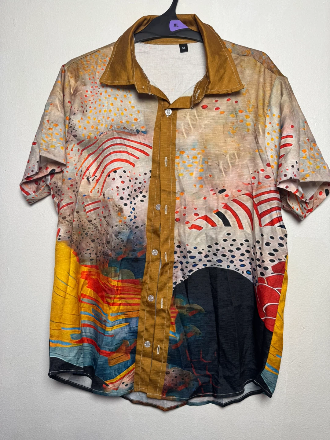 Artistic Print Short Sleeve Button-Up Shirt - Size M