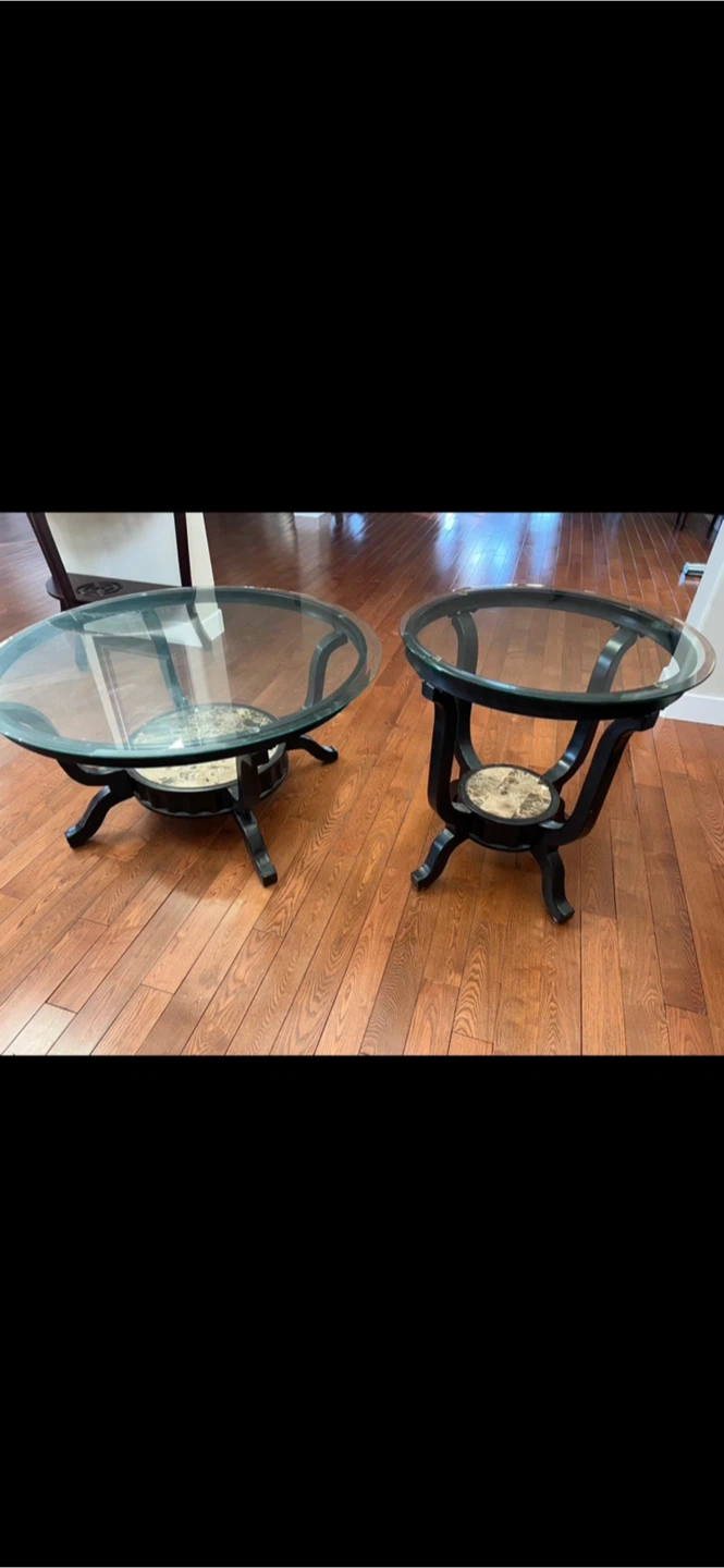 Set of 2 Glass Top Coffee Tables with Decorative Inlay