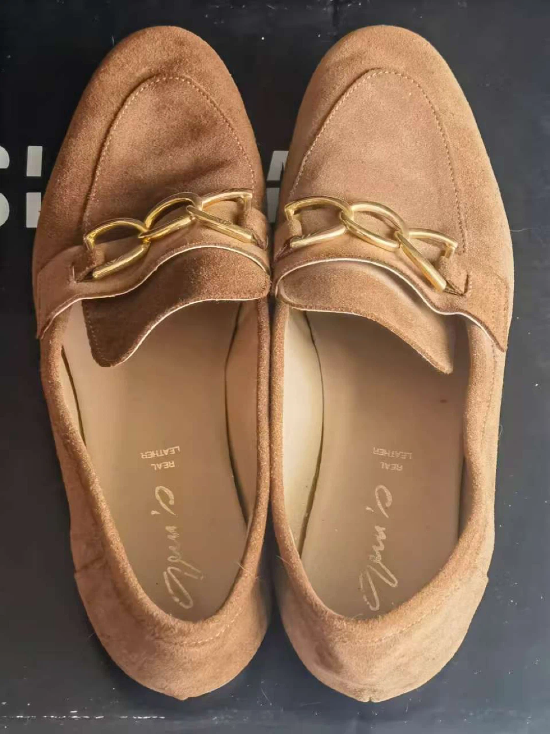 Brown Suede Loafers with Gold Chain Detail size 9