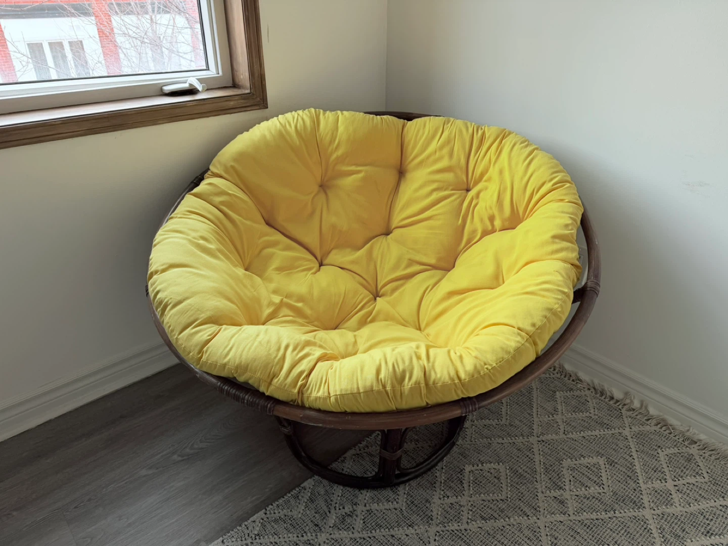 Rattan Papasan Chair with Yellow Cushion