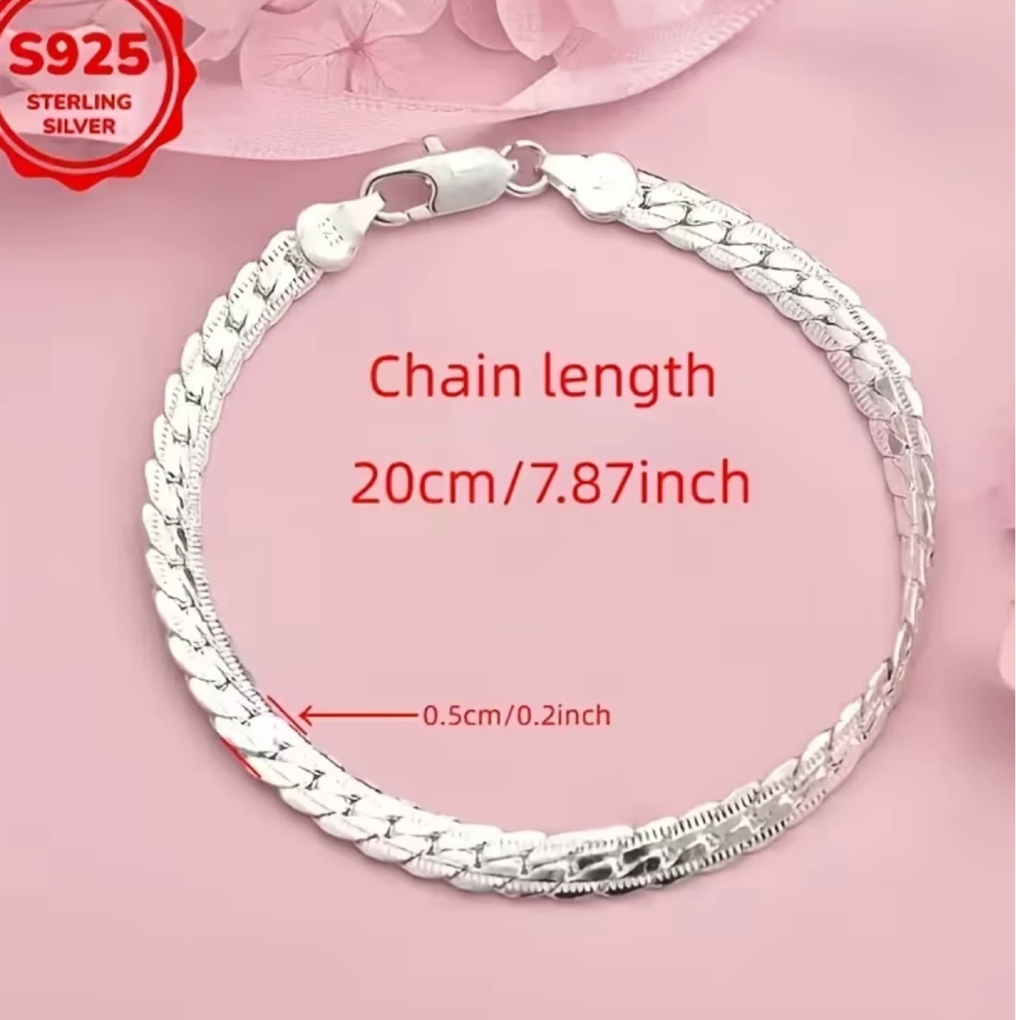 S925 Sterling Silver Snake Chain Bracelet 20cm