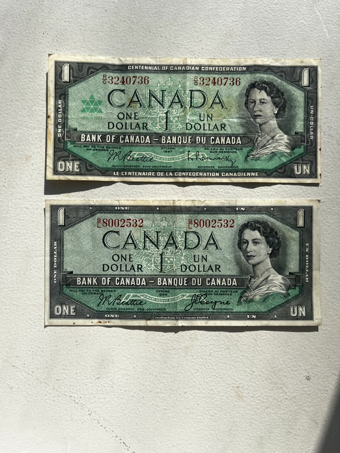 Two vintage Canadian one dollar 1954 & 1967 OLD BILL