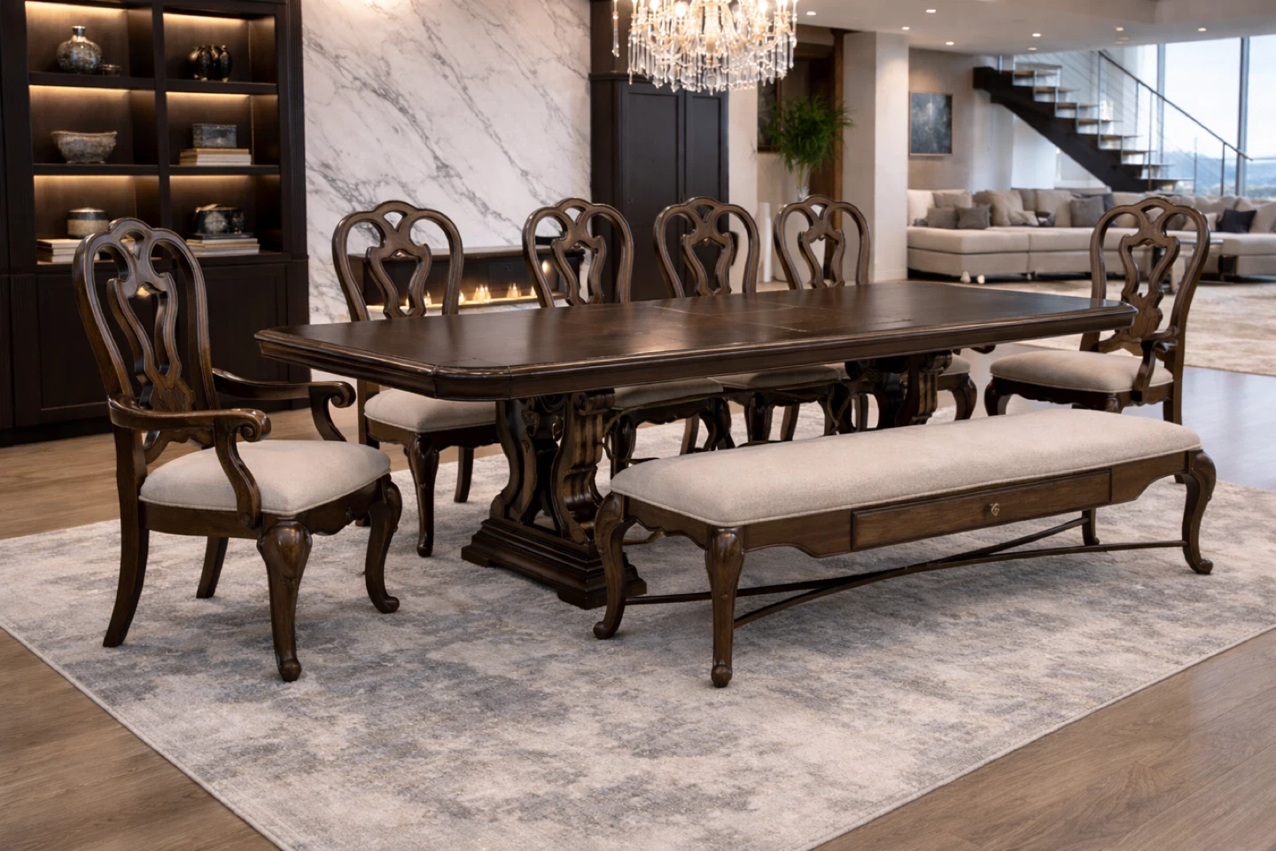 New Dark Wood Dining Table Set with Chairs and Bench 10 seats
