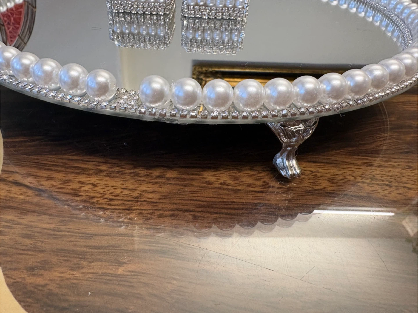 Round Mirror Tray with Faux Pearls & silver rhinestone Border - photo 2