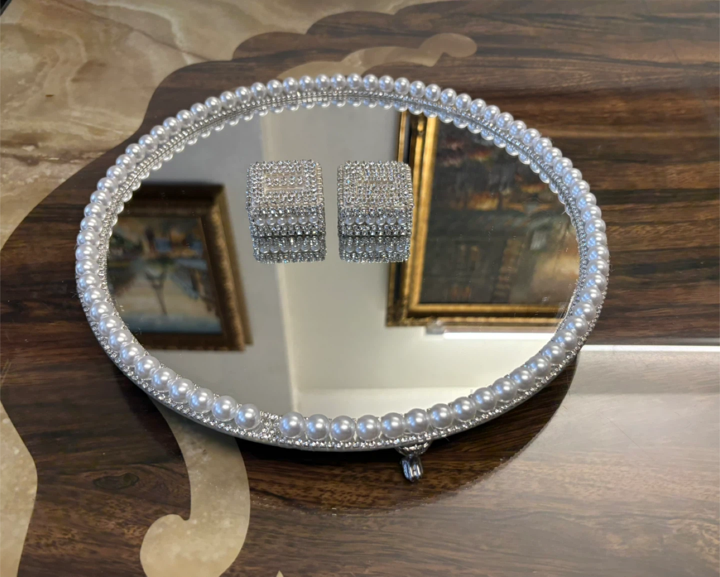 Round Mirror Tray with Faux Pearls & silver rhinestone Border