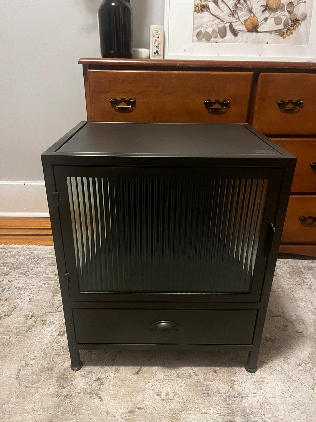 Black Cabinet with Fluted Glass Door and Drawer