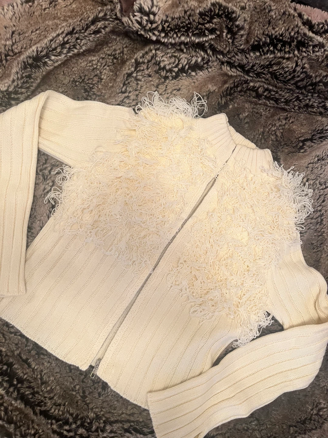 Cream Fuzzy Zipper Cardigan - photo 2