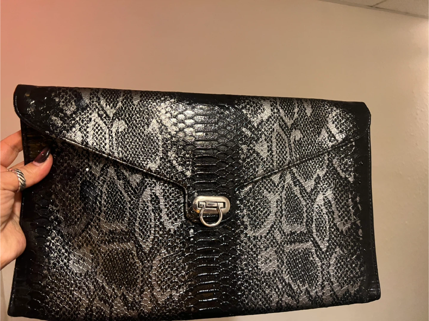 Black and Silver Snake Print Clutch Bag