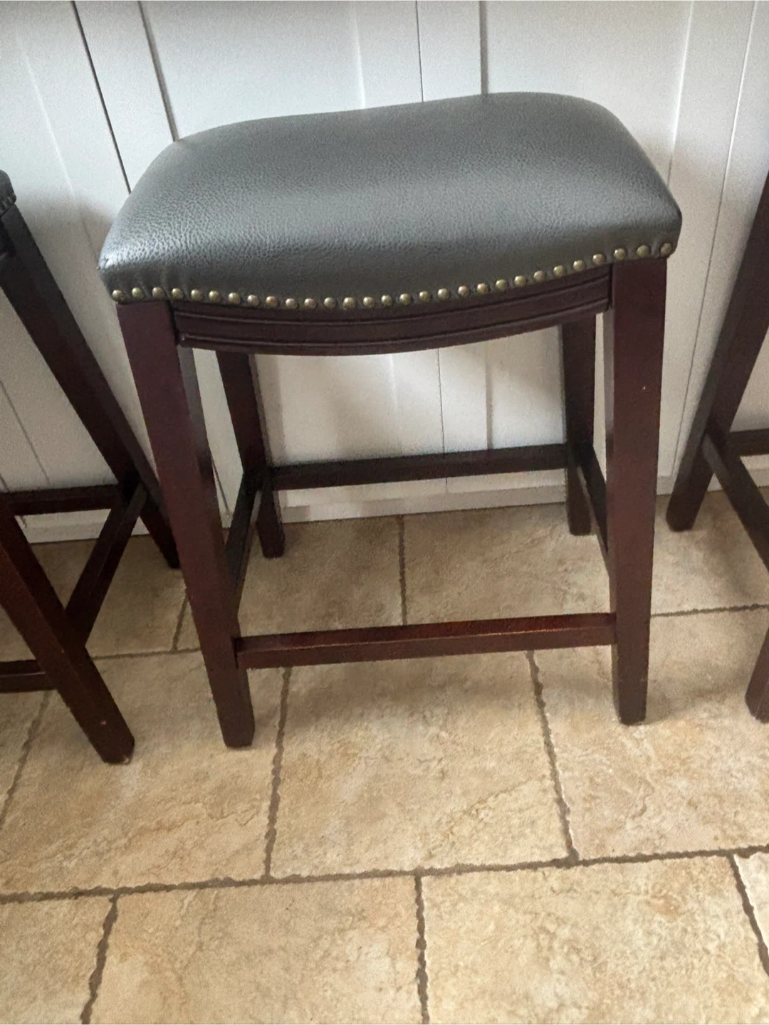 Set of 4 Dark Grey Faux Leather Bar Stools with Nailhead Trim - photo 2