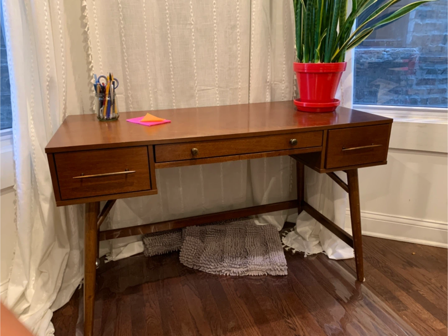 Mid-Century Modern Wood Writing Desk with Drawers - photo 5