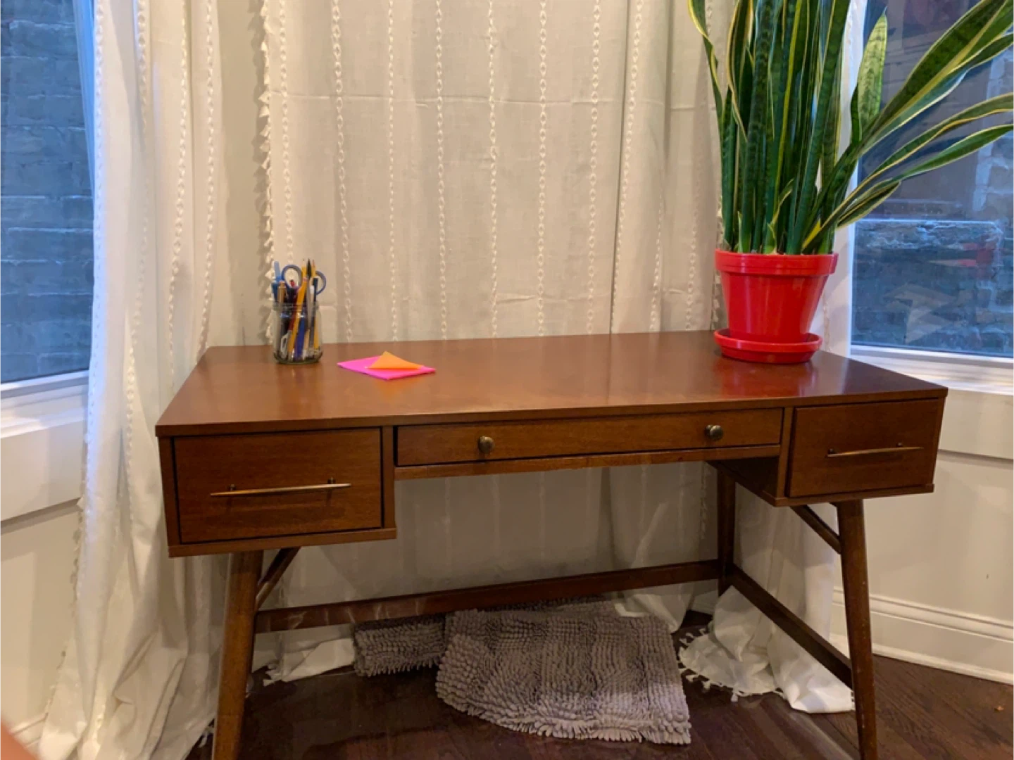 Mid-Century Modern Wood Writing Desk with Drawers - photo 2