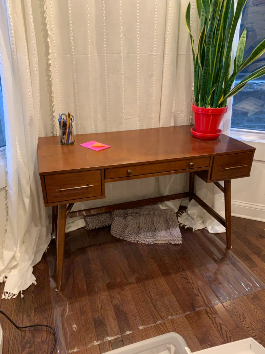 Mid-Century Modern Wood Writing Desk with Drawers - photo 4