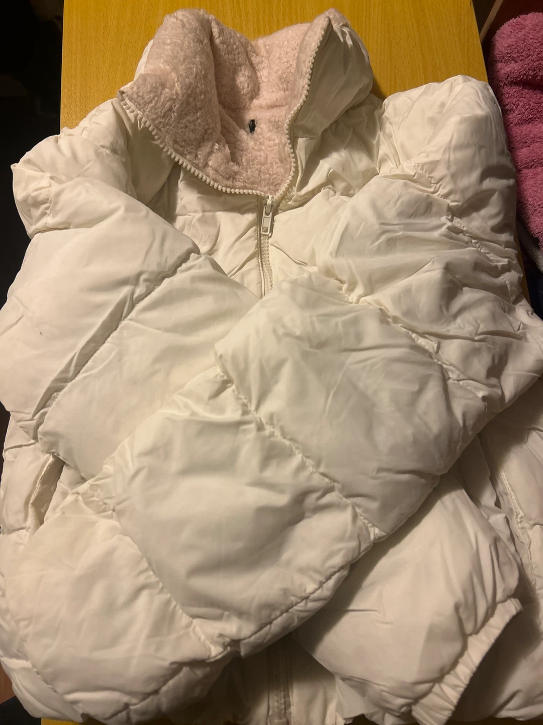 White Puffer Jacket with Pink Sherpa Collar