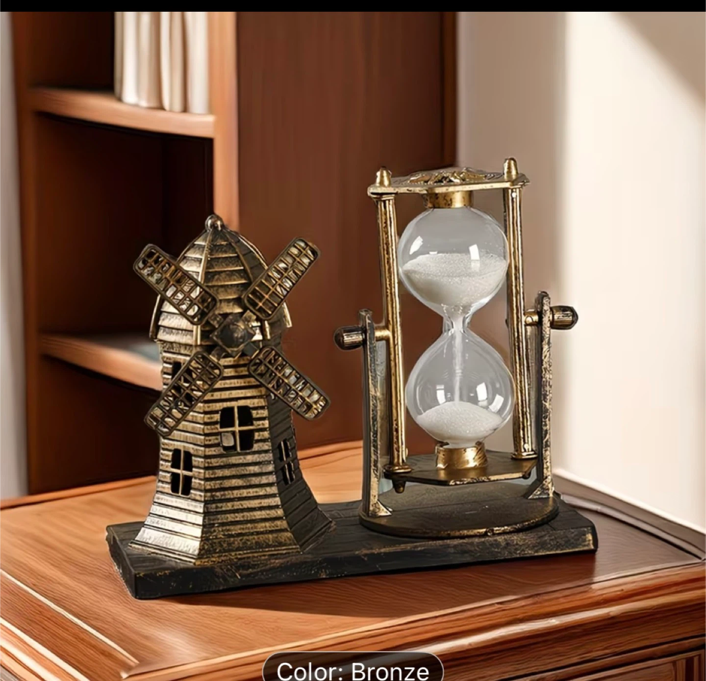 Bronze Windmill and Hourglass Desk Decor