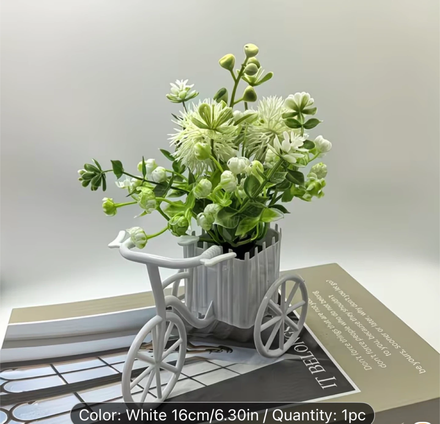 White Bicycle Planter with Green Faux Flowers