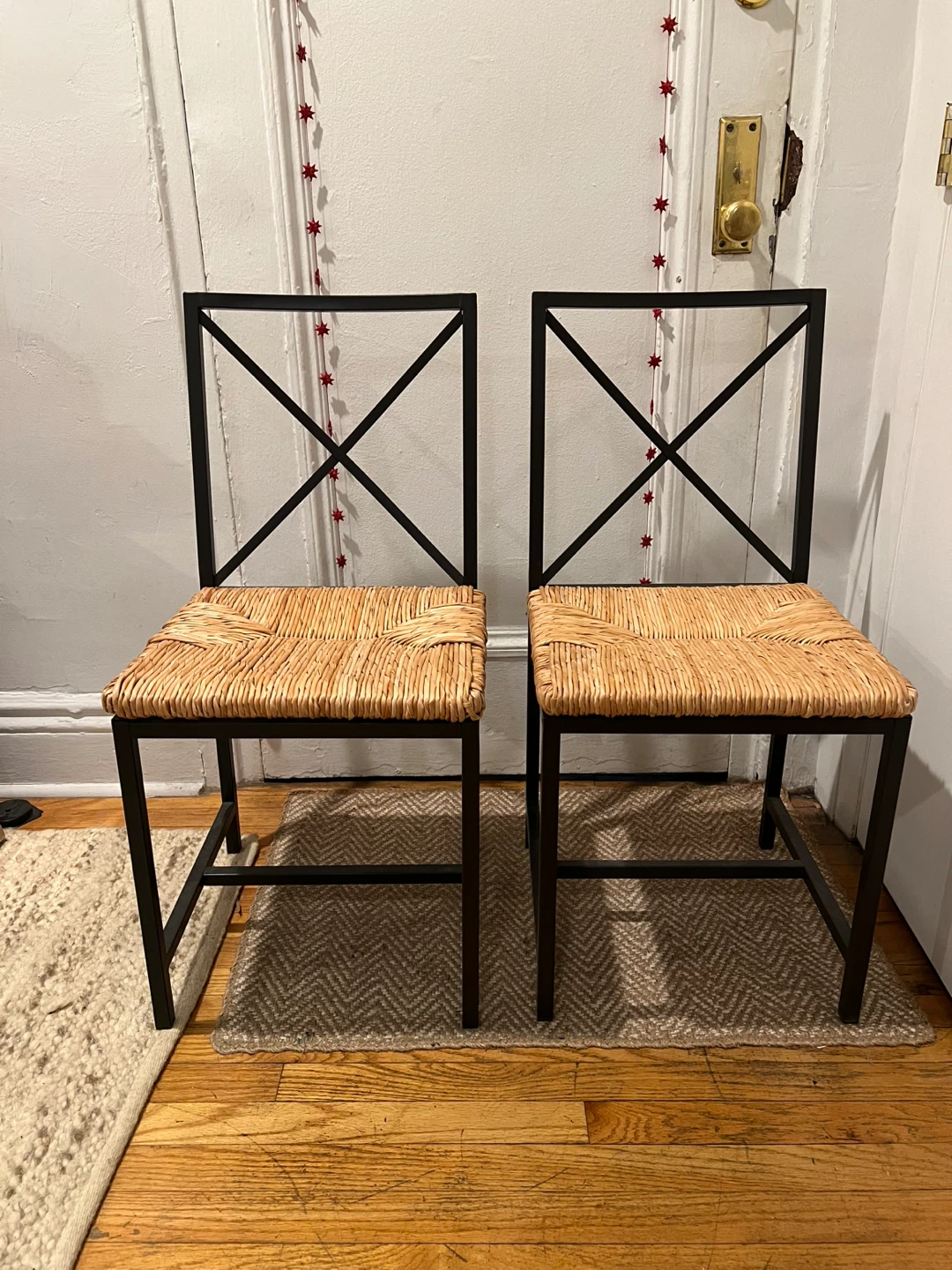 Set 2 Ikea granas black iron metal rattan wicker dining chairs - photo 4