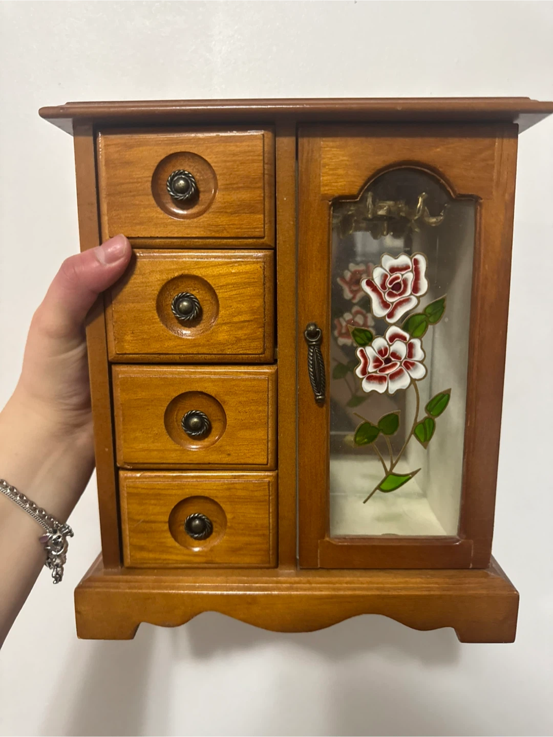 Antique - Wooden Jewelry Box with Rose Design
