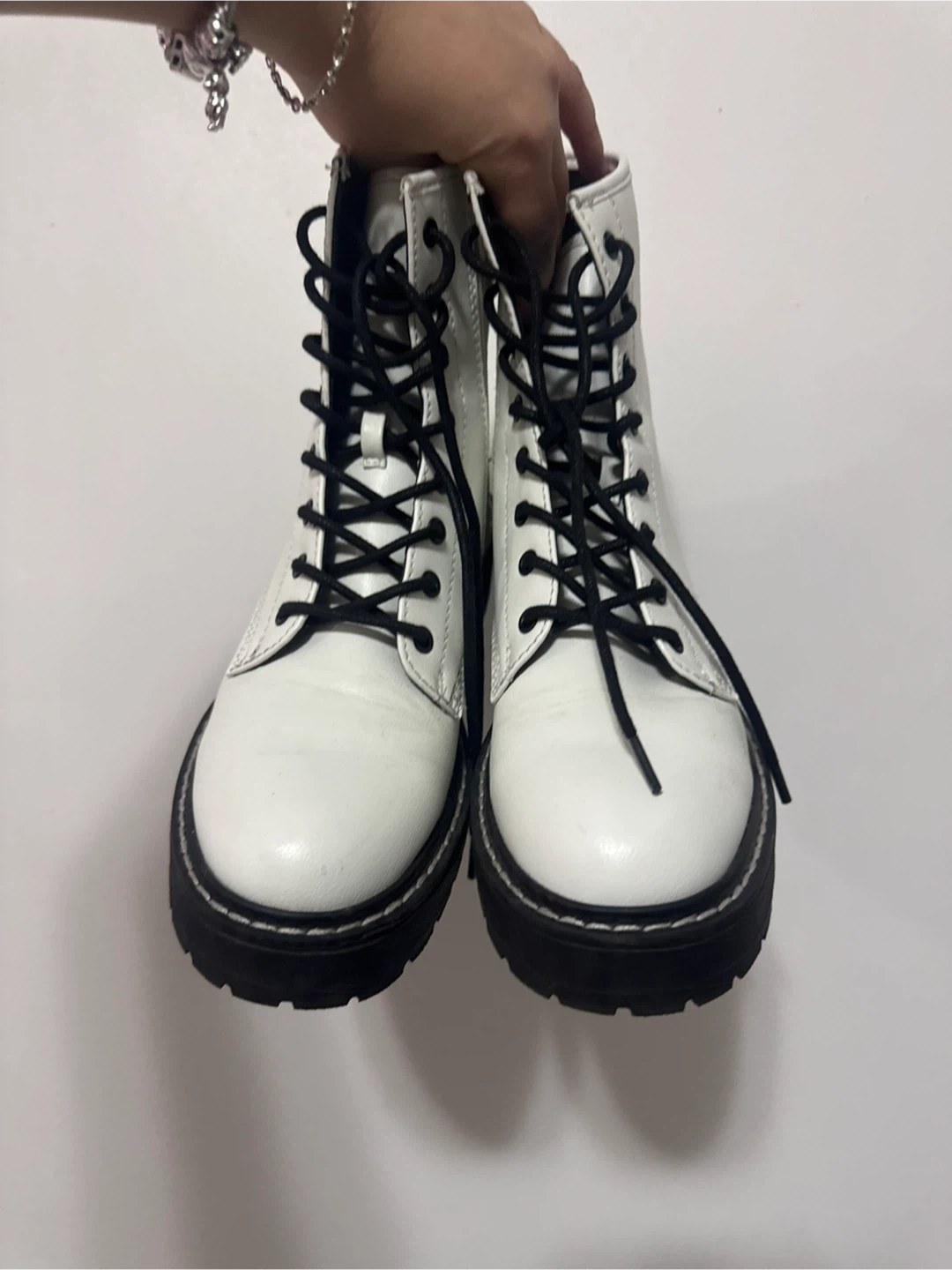 White Lace-Up Combat Boots