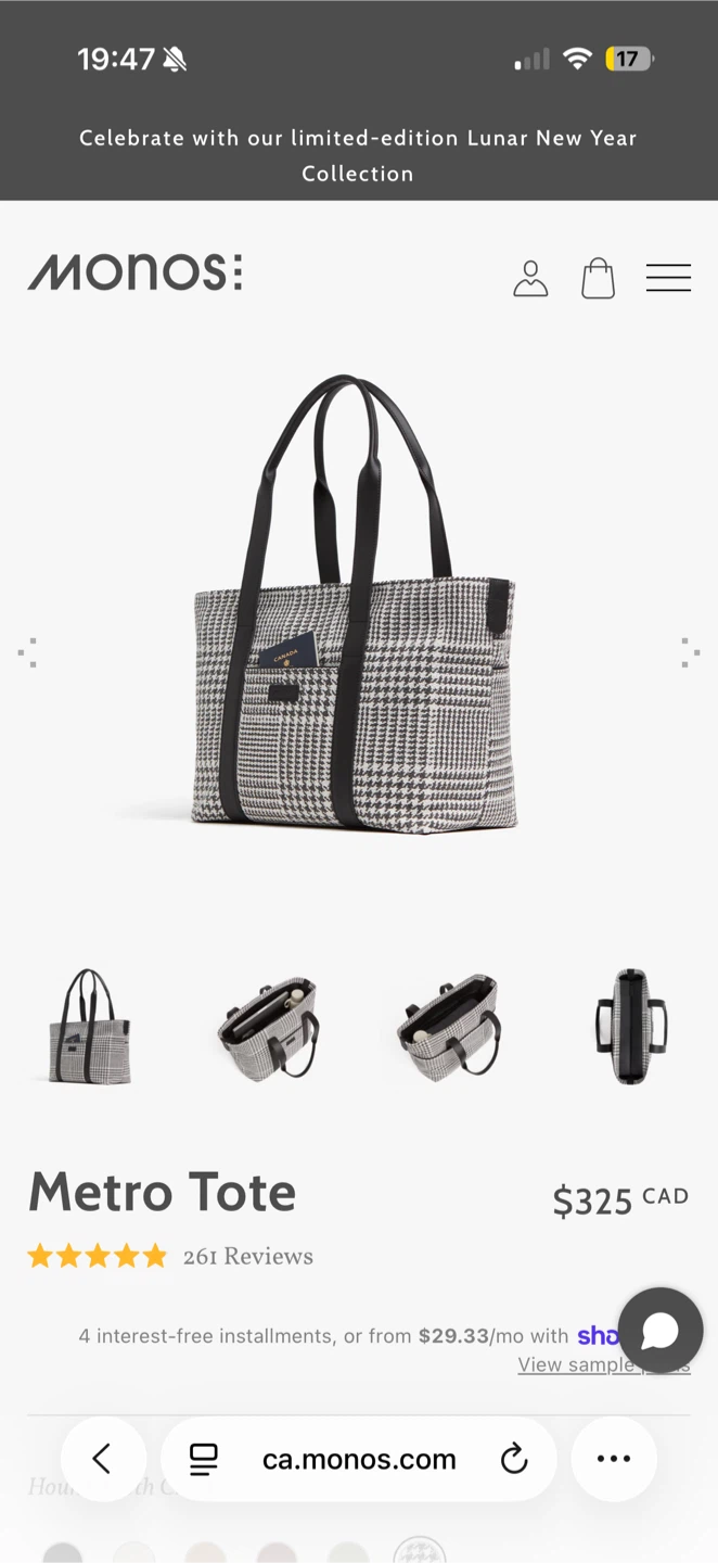 Monos Metro Tote - Houndstooth Pattern
