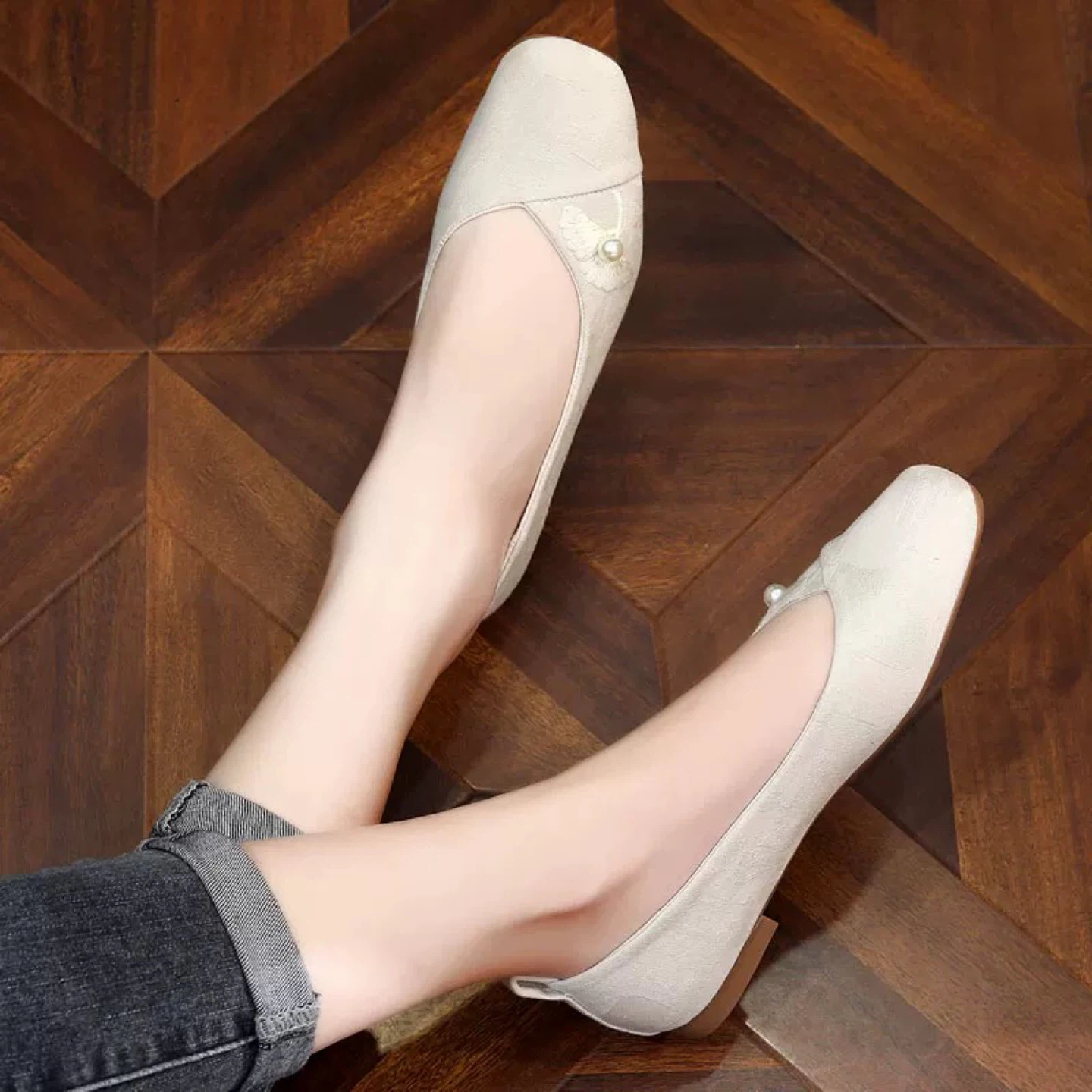 Embroidered Linen Flats - Beige Size7 - photo 5
