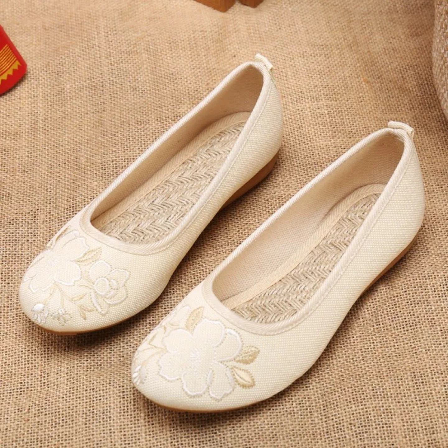 Embroidered Linen Flats - Beige Size7