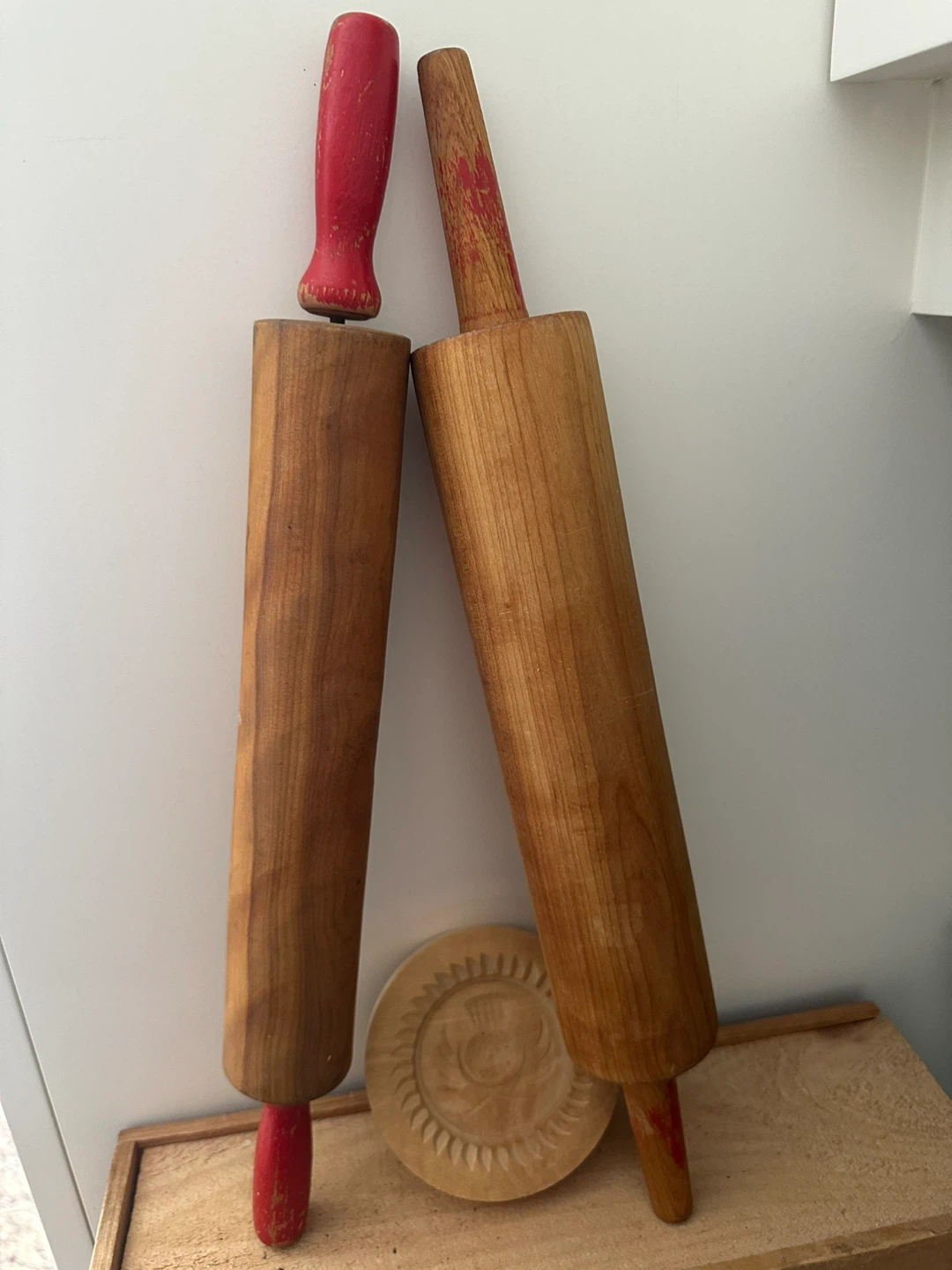 Vintage Wooden Rolling Pins with Decorative Cookie Mold