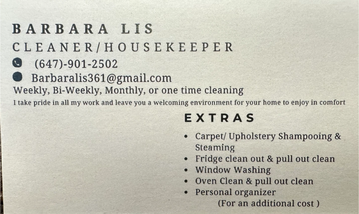 Barbara Lis Business Card for Cleaning Services