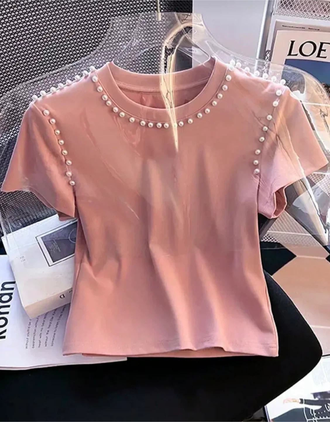 New Pink T-Shirt with Pearl Embellishments