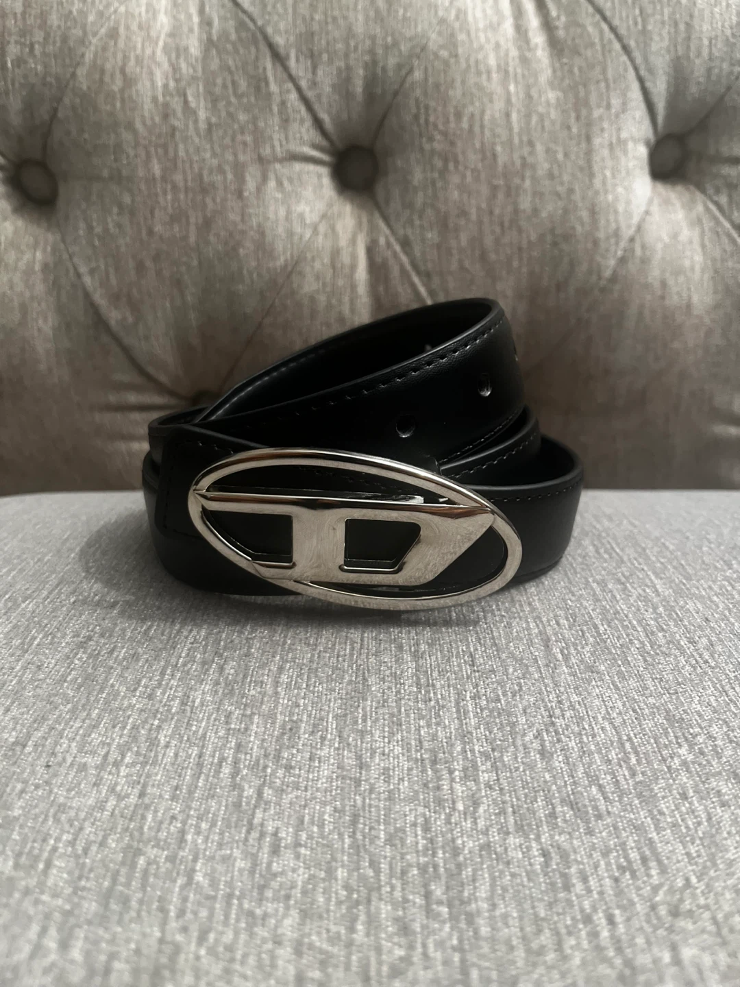 Diesel Black Leather Belt with Silver D Buckle