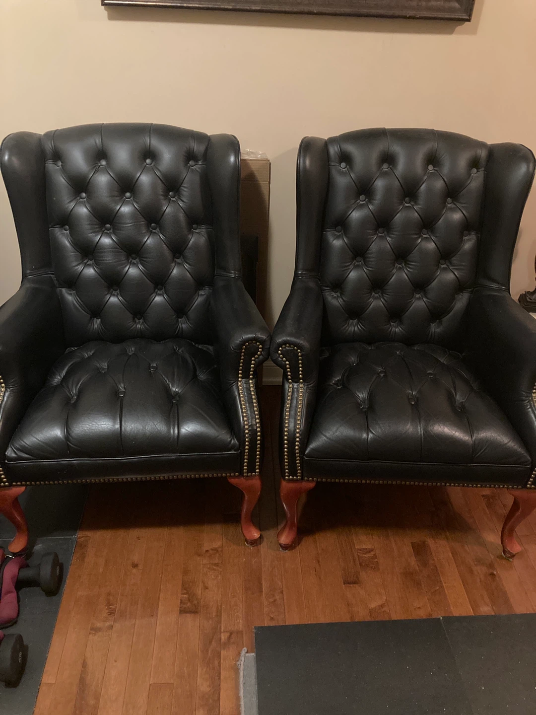 Pending sold - Two Black Tufted Leather Wingback Chairs