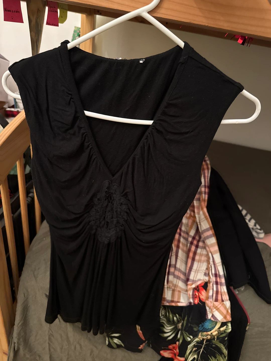 Black Ruched V-Neck Cap Sleeve Top