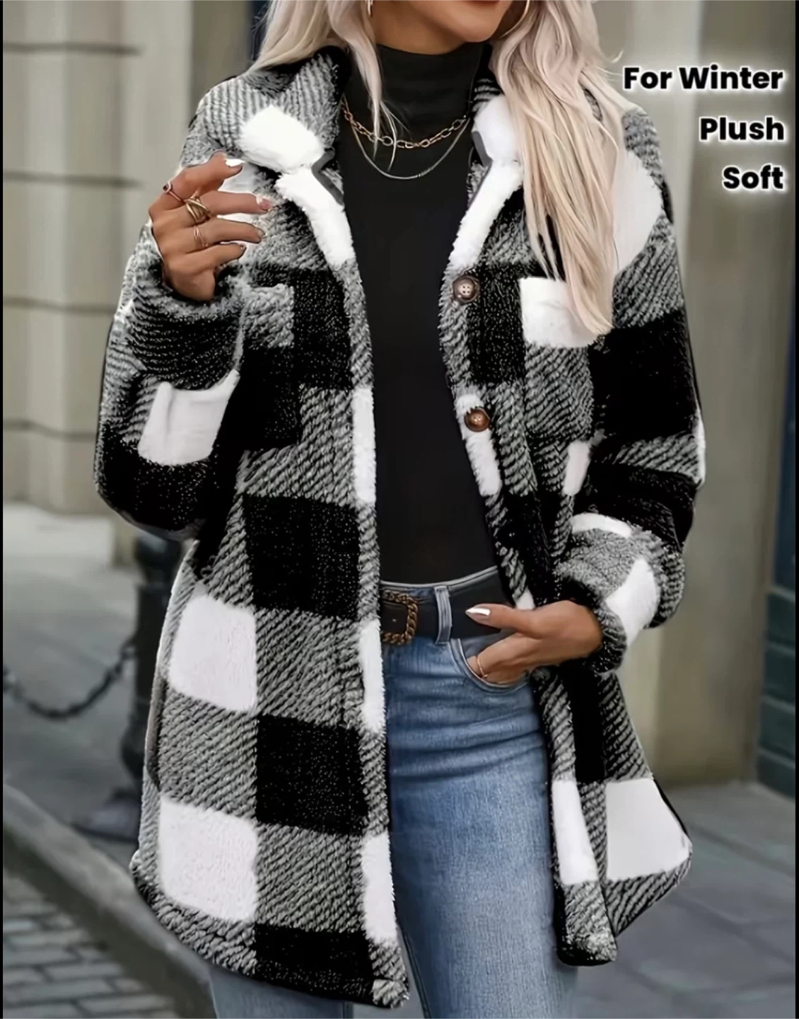 Medium-Length Plaid Lapel Coat - photo 2
