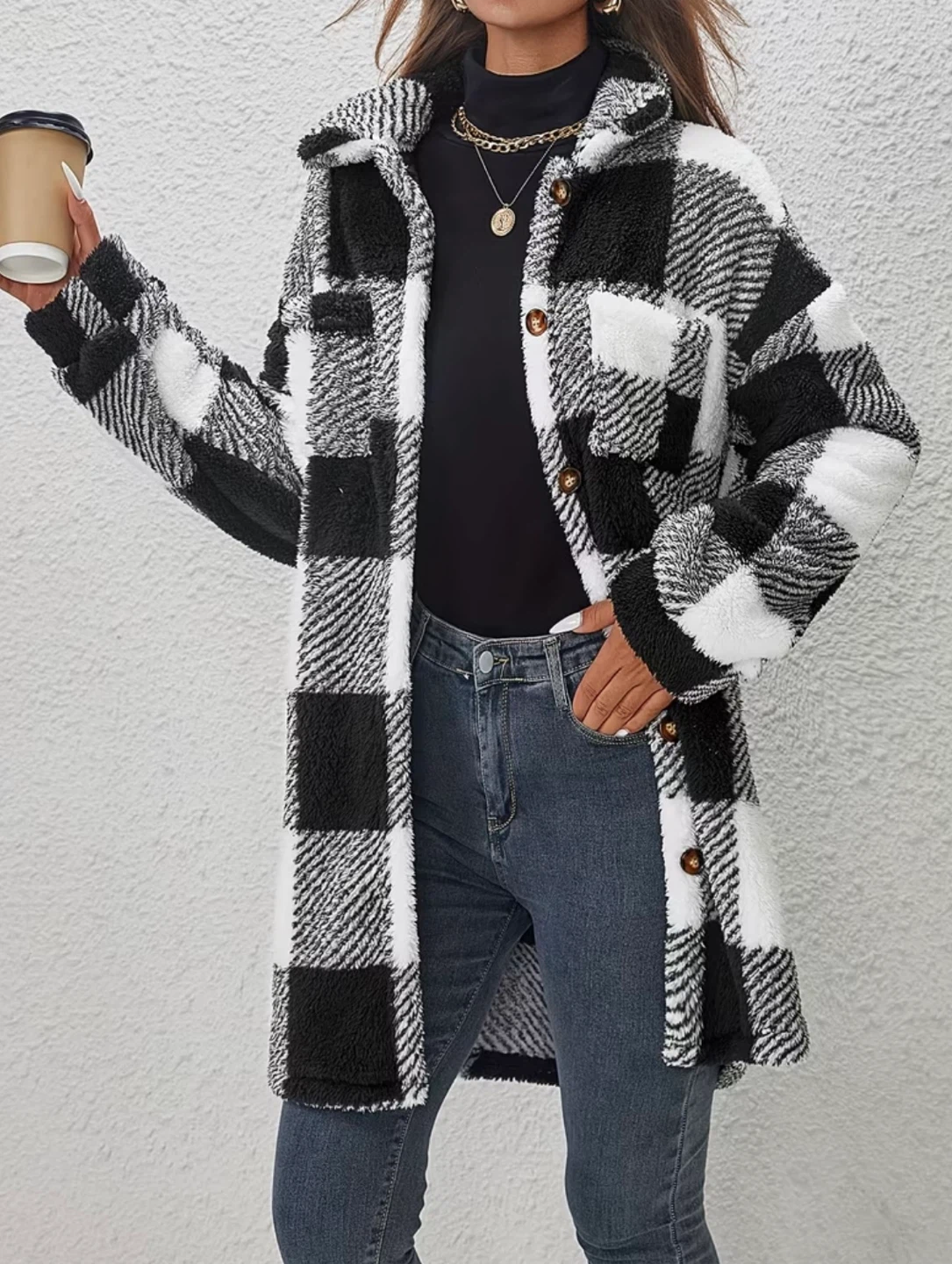 Medium-Length Plaid Lapel Coat - photo 3