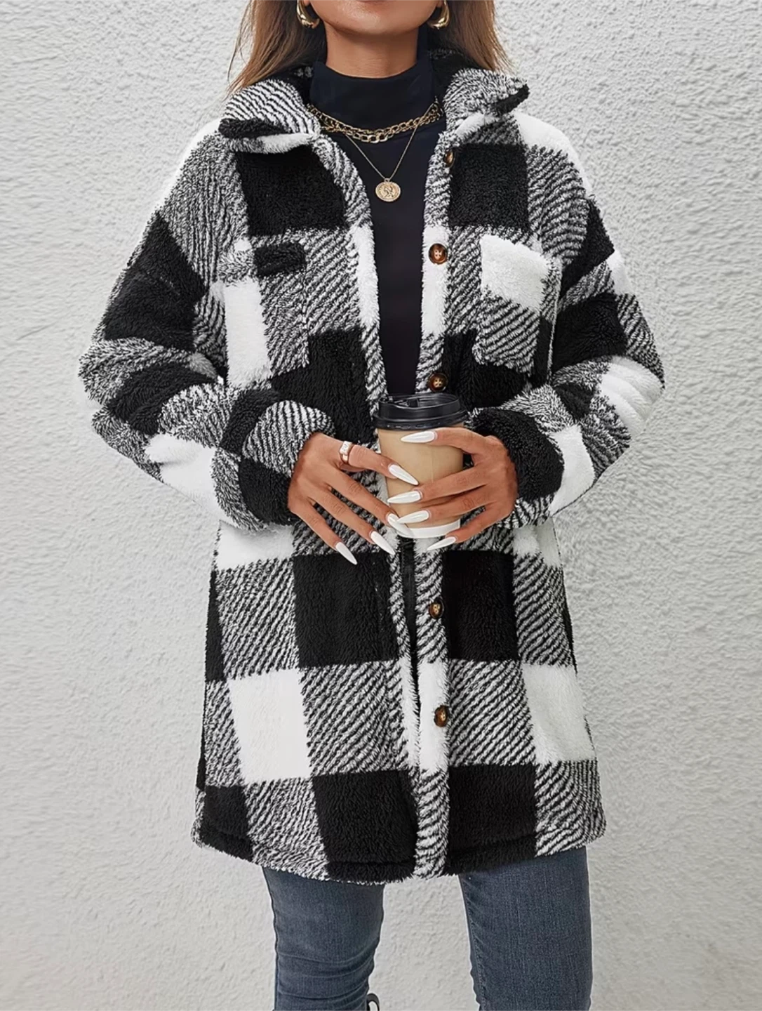 Medium-Length Plaid Lapel Coat - photo 4
